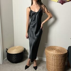 90s y2k vintage black satin minimalist v neck slip midi dress by express